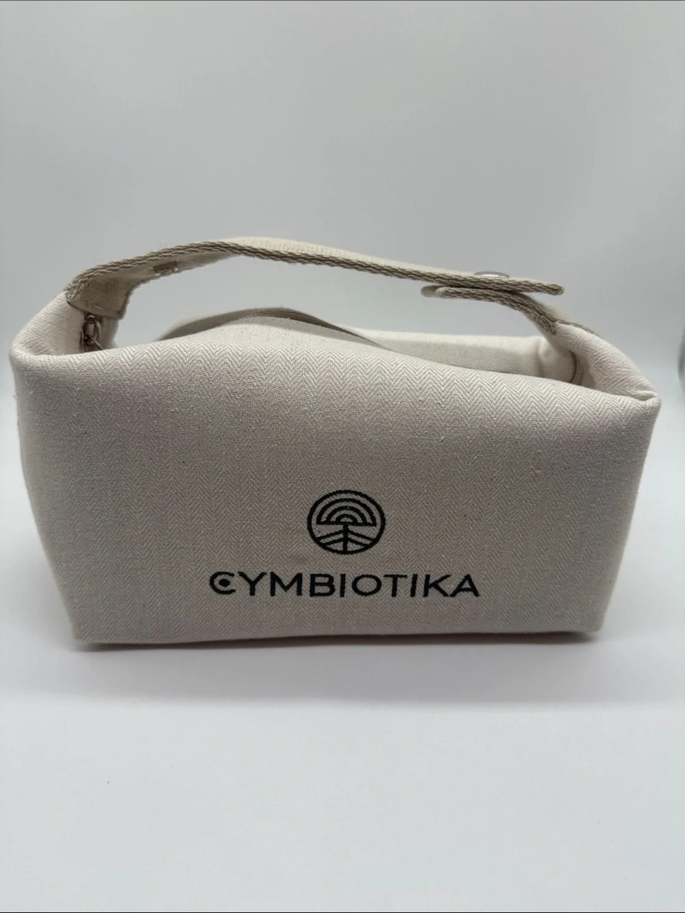 Cymbiotika Off White Herringbone Canvas Toiletry Cosmetic Travel Bag NWOT